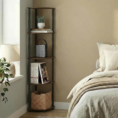 Furinno Turn-N-Tube Storage Shelves, 5-Tier Corner Book Shelf, Standing Corner Shelf, Toolless Open Shelves, Classic Tubes, for Organization and Storage, Living Room, Home Office, Amber Pine