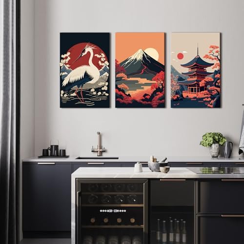 Vintage Japanese Canvas Wall Art Red and Black Japanese Posters Sunset Fuji Mountain Pictures Wall Decor White Crane Paintings Retro Asian Artwork for Living Room Office Home Decorations 16x24" 3Pcs