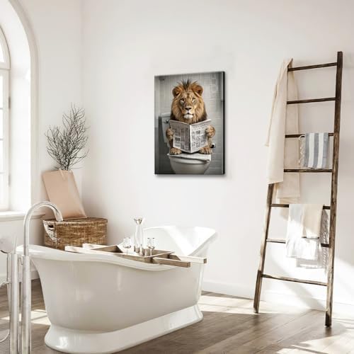Funny Lion Bathroom Wall Art Cute Lion Toilet Wall Decor Pictures Animal Bathroom Canvas Prints Painting Home Decorations Restroom Artwork Ready to Hang Framed Gifts 16"x24"