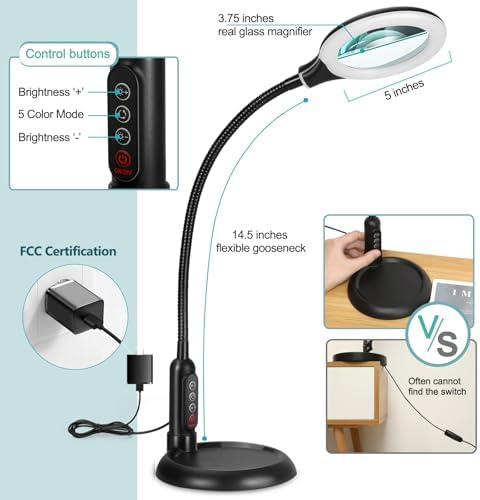 10X Magnifying Glass with Light and Clamp, 5 Color Modes Stepless Dimmable Lighted Magnifier with Stand, Flexible Gooseneck LED Desk Lamp Hands Free for Craft Reading Painting Hobby Close Work