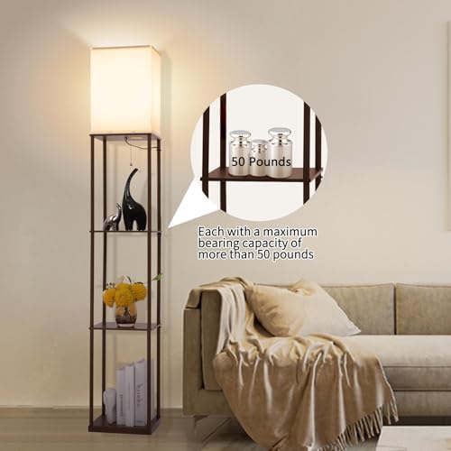 Gupuzm Floor Lamp with Shelves, Modern Square Standing Lamp with 3 Color Temperature Bulb, Corner Display Bookshelf Lamp for Living Room, Bedroom and Office (Brown-9)