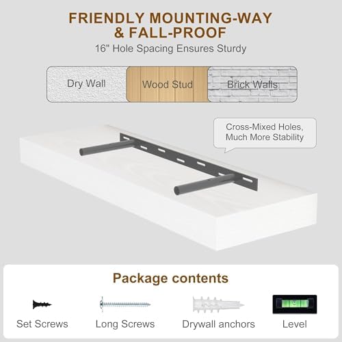 Fun Memories 55 Inch Fireplace Mantel - Long Floating Shelf, Wall Mounted Farmhouse Display with Invisible Heavy Duty Metal Bracket, White