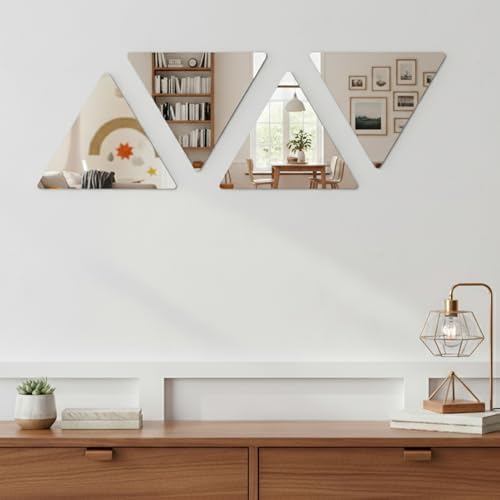 Small Decorative Self-Adhesive Triangle Shaped Wall Mirrors,Set of 4,Silver | 7.12" L x 6.12" W x 0.08" H, Frameless, Contemporary, Durable Construction, Easy to Clean, Everyday Household Use