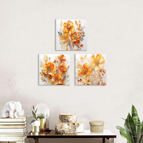AIYISU Orange Poppy Floral Wall Art Wildflower Canvas Prints Pictures Abstract Nature Autumn Flowers Painting Minimalist Modern Artwork for Living Room Bathroom Office Home Decorations 16x16 3Pcs