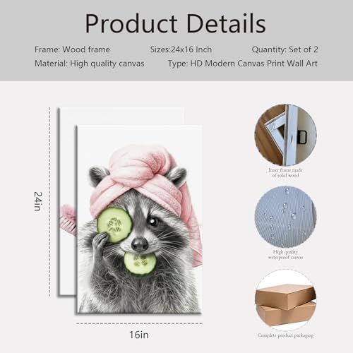 Funny Raccoon Bathroom Wall Art Black White Pink Animal Canvas Prints | Whimsical Skincare Raccoon Painting Black White With Soft Pink Picture Wall Decor for Kids Bathroom Restroom Washroom 16x24In