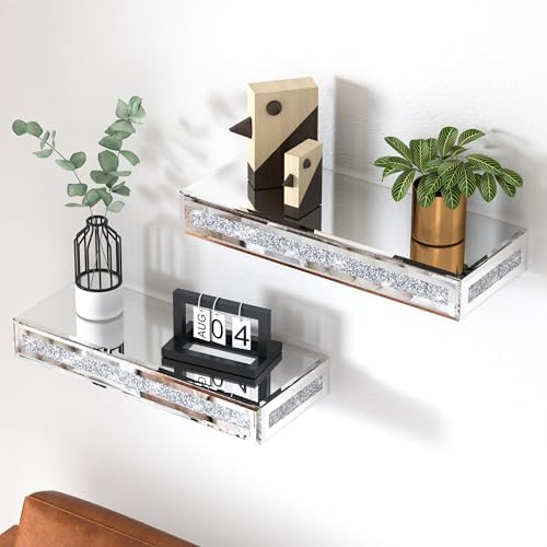 SHYFOY Mirrored Floating Shelves with Bling Accents, Set of 2