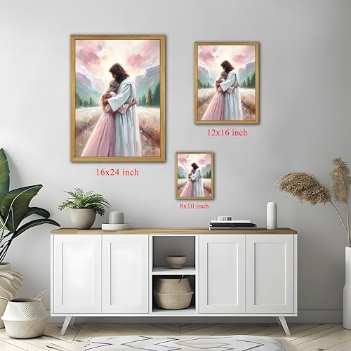Pink Jesus Wall Art, Christian Canvas Wall Decor Paintings, Jesus Healing Embracing Woman Posters Print Artwork, Pink Room Decor for Living Prayer Church Bedroom 16x24 inch Framed