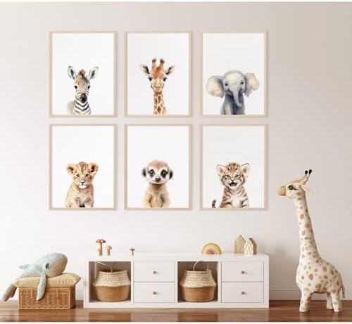 Safari Nursery Wall Art Decor Set of 6 Baby Animal Wall Art Kids Canvas Wall Art Safari Nursery Pictures Jungle Animal Prints Baby Boy Art Giraffe Painting for Room Bedroom 8x10 Inch Unframed