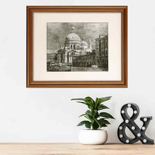 11x14 in Wood Classic Gallery Picture Frame, Ornate Beaded Inner, Matted for 8x10 Photo, Vertical or Horizontal Display, Brushed Brown Brass