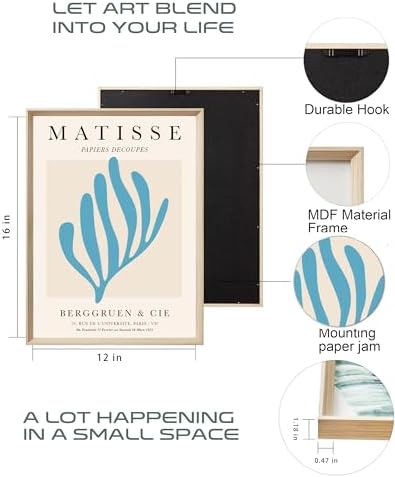 KensTro 12x16 Blue Matisse Wall Art in Wood Frames, Set of 3 | Set of 3 Blue Matisse-Inspired Prints with Natural Wood Frames, Vintage Botanical Decor for Living Room and Bedroom