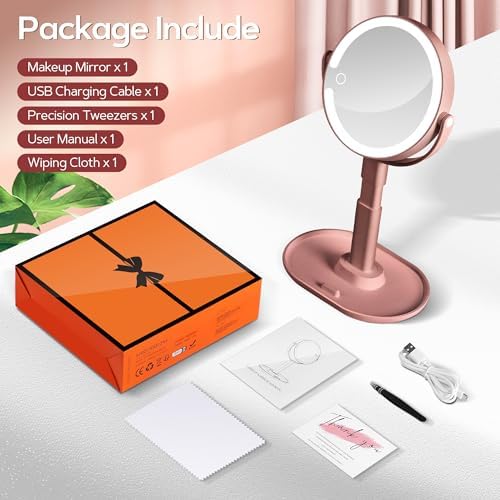 B Beauty Planet Vanity Mirror with Lights, 30X Magnifying Makeup Mirror, 3 Lighting and Adjustable Brightness, Rechargeable 2-Sided Height Adjustable Desk Mirror for Bedroom, Gifts for Women Rose