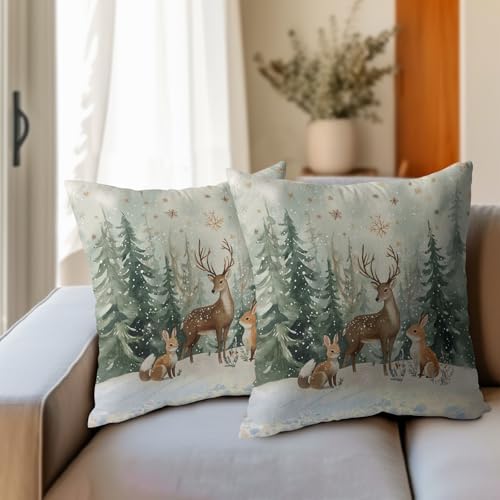 Xmas Reindeer Throw Pillow Cover 20x20 Inch Set of 2 Winter Trees Snowflake Holiday Animals Pillowcase Christma Deer Farmhouse Cushion Case for Home Sofa Couch Decor
