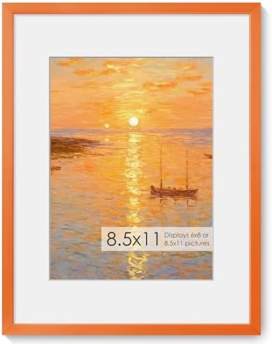 Fun Memories 8.5x11 Metal Picture Frame- 8.5x11 Aluminum Photo Frames with 6x8 Mat, High-Definition Plexiglass Front, and Hanging Hardware - Ideal for Wall or Tabletop Display (Orange, Pack of 1)
