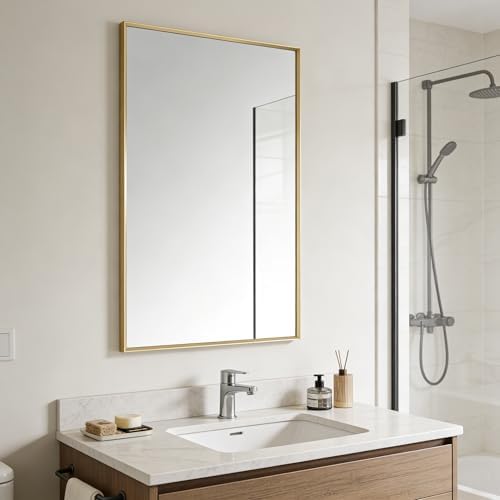 Bathroom Mirror for Wall, 30x20 Inch Framed Vanity Mirror Brushed Gold | Rectanglar Metal Beveled Framed Mirror for Over Sink, Tempered Glass, Anti-Rust, Hangs Horizontally or Vertically