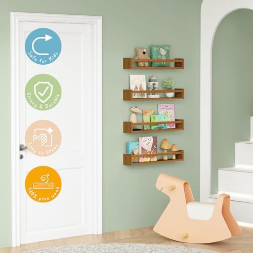 Forbena 24 Inch Wooden Floating Nursery Book Shelves for Wall, Walnut Nursery Bookshelf Wall Mounted for Kids Bedroom, Large Kids Floating Bookshelves for ChildToys Classroom Books Decor (Dark Brown)