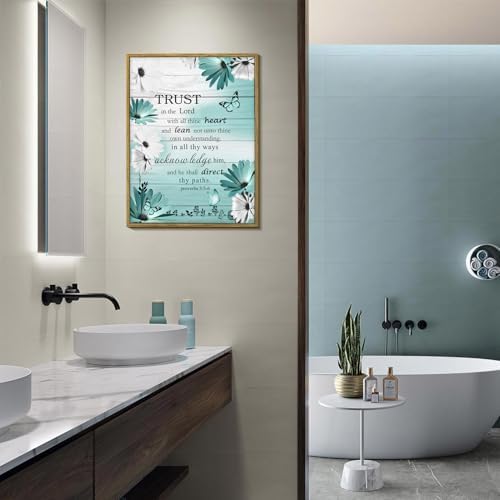 LB Teal Blue Floral Wall Art for Bathroom Bible Verse Framed Canvas Wall Art Wall Paintings Home Decor Daisy Flower Butterfly Wall Pictures for Living Room Bedroom Office Ready To Hang,12x17 Inch