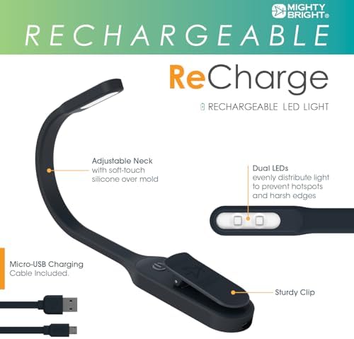 The Original Mighty Bright Recharge Clip On Rechargeable Book Light Reading Light, Warm Eye Care LEDs, Flexible, Durable, Dimmable, Perfect for Kids, Bookworms, Reading in Bed, Lasts 60 Hours (Black)