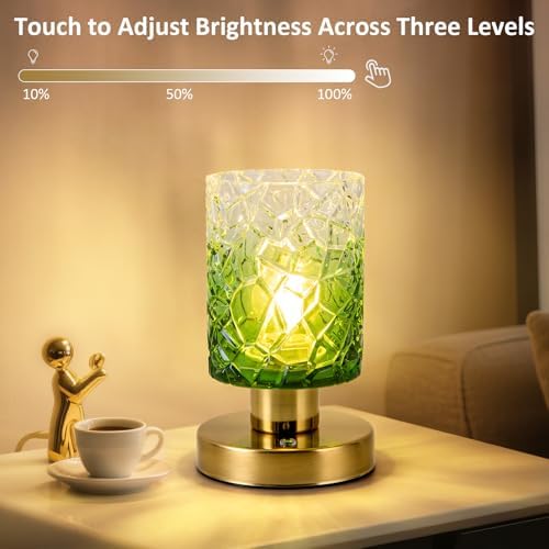 Battery Powered Lamp with Timer, Aesthetic Glass Cordless Lamps, Dimmable Rechargeable Lamp with Remote Control, Small Touch lamp for Bookshelf Desk Bedroom Living Room(Gradient Green)