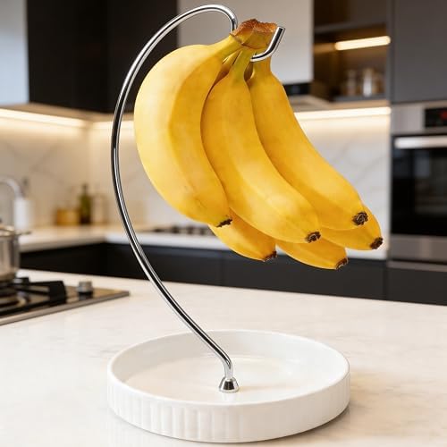 VROOMIUM Banana Holder Stand, Ceramic Bowl Easy Clean, Fruit Basket, Silver
