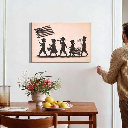 RIBNTAK Vintage Kids Patriotic Parade Wall Art for Kids Room, American Flag Silhouette Poster for Home Office Decor, 4th of July Pictures Wall Decor, Unique Independence Day Canvas Prints