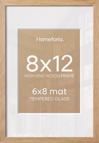 Homeforia 8x12 Natural Oak Picture Frame, High-End Wood, 6x8 Mat, Glass