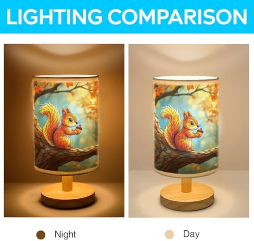 Squirrel Table Lamp LED 3-Color Pressed Bedside, Squirrel Shade Lamp with Wood Base for Bedroom Living Room Desk Office TL01