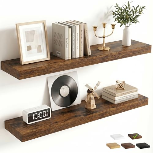 FLYJOE 30 Inch Floating Shelves for Wall Set of 2, 6.5" D Wood Grain Bathroom Shelves with Invisible Brackets, Easy Install Engineered Wood Storage Shelves for Kitchen, Living Room, Bedroom