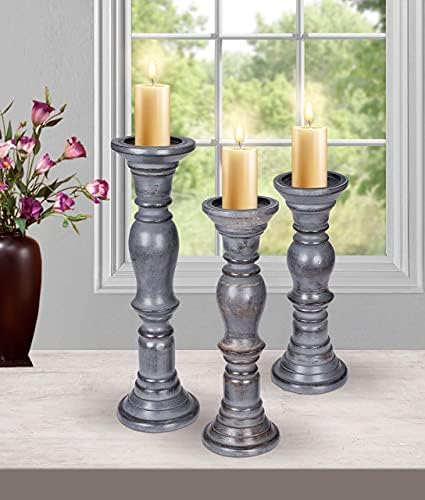 Rustic Candle Holder Set of 3 – 10", 8", 6" – Burnt Finish Wooden Pillar Stands for Wedding, Party, Home Décor, Spa – Country Style Gift for Table Centerpiece