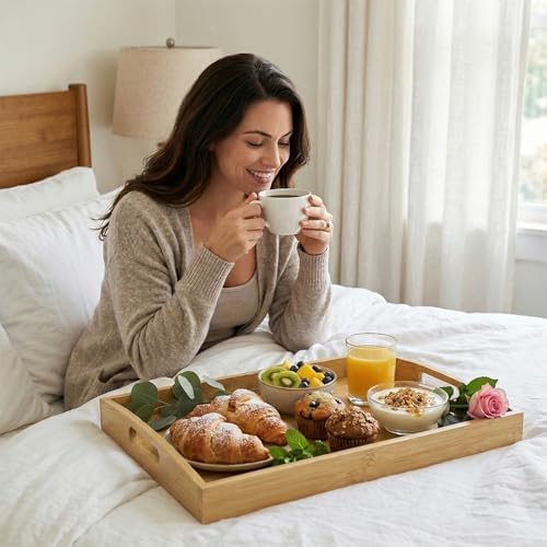 GOLD HONEY Bamboo Serving Tray with Handles, Wooden Serving Tray Set of 3