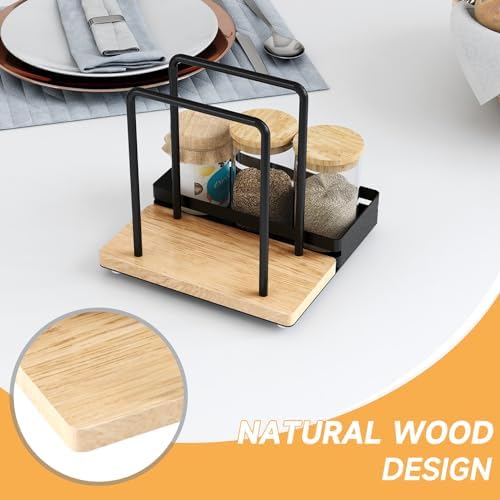 Napkin Holder, Wood Metal Napkin Holder for Table with Salt and Pepper Shakers Caddy, Standing Paper Napkin Dispenser for Kitchen Dining Countertop Decor, Wood & Metal Base, Black (Pack of 2)