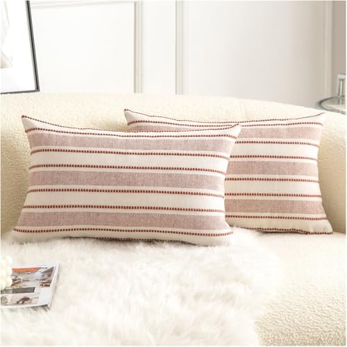 Cethom Decorative Boho Lumbar Throw Pillow Covers, Farmhouse Textured Pillow Case, 12 x 20 Inch Set of 2, Chair Sofa Bedroom Living Room Home Decor Couch Cushion Case, Rust and Beige Striped