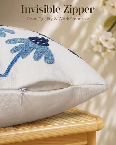 Embroidered Floral Boho Throw Pillow Cover 18x18 Inch - Decorative Cotton Pillow Case for Couch, Sofa, Bedroom, Living Room - Farmhouse Home Aesthetic Housewarming Gifts (Blue Serenity, 18" x 18")