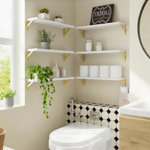 YGEOMER 23.6in Floating Shelves for Wall Home Decor, Wood, White, Set of 6