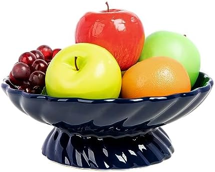 9.5-Inch Ceramic Fruits Bowl, Decorative Serving Plate, Centerpiece Fruits Tray or Fruit Basket for Kitchen Counters, Farmhouses, Dining Table, Blue