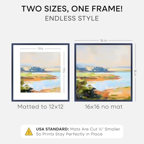 Homeforia 16x16 Blue Picture Frame, High-End Metal, 12x12 Mat, Glass