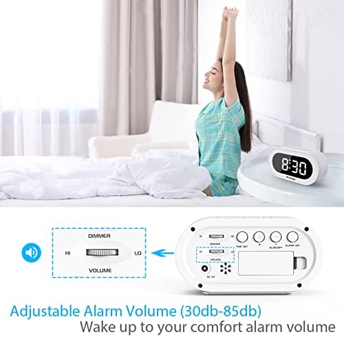 REACHER Small Dimmable LED Digital Alarm Clock with Snooze(White)
