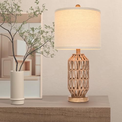 22.5” Rattan Table Lamp Set of 2, Woven Boho Lamp for Bedroom Living Room, 11x11x9 Fabric Drum Shade, E26 Base (Max 60W), Stable Wood Base for Nightstand Console