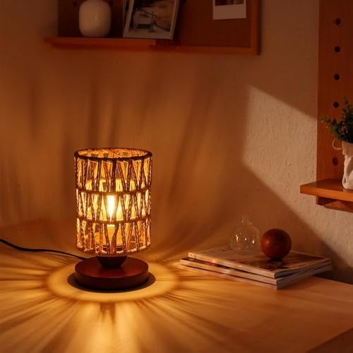 Handmade Rattan Lamp Farmhouse Table Lamp for Bedroom, Rustic Woven Lamps for Night Stands with Warm White LED Bulb, Boho-Inspired Boho Lamp for Living Room Kitchen Nook, 12cm Shade 20cm Height