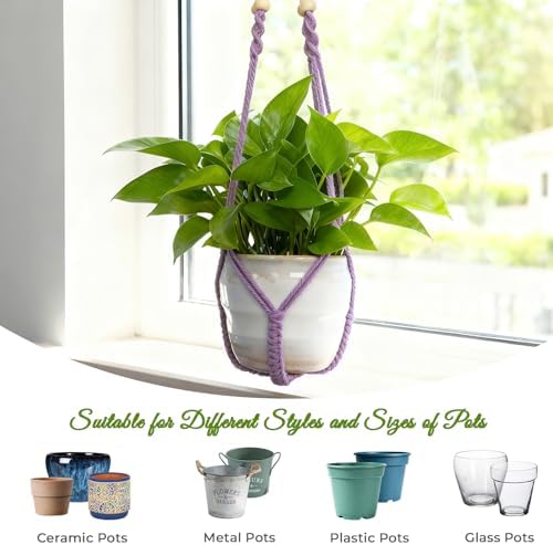 Macrame Plant Hanger, Up to 4-15 inch Pots, Wood Beads Cotton Hanging Planter Holder for Indoor Outdoor Boho Home Decor, 35 Inch, Set of 2 (Purple)