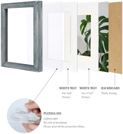 Egofine 5x7 Picture Frames Set of 4, Made of Solid Wood Covered by Plexiglass 3.5x5 and 4x6 with Mat or 5x7 without Mat, for Table Top Display and Wall Mounting Photo Frame Rustic Blue