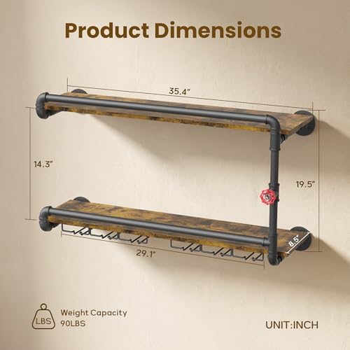 Merapi 2 Tier Floating Shelf Wine Rack with Stemware Holder