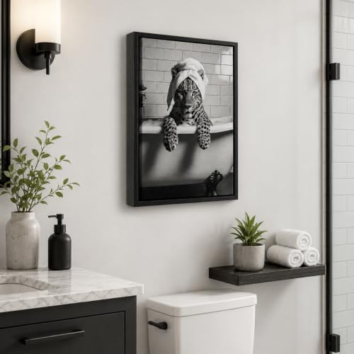 Framed Leopard In Bathtub Canvas Wall Art Trendy Black and White Bathroom Animal Wall Decor Picture Funky Maximalist Leopard Bathroom Aesthetic Poster Print for Restroom Toilet Decoration 8x10in