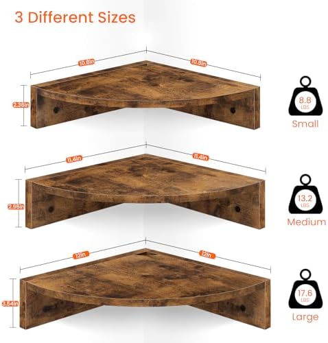 Homode Corner Shelf Wall Mount, Set of 3 Floating Corner Shelves with Cord Hole, 3 Tier Wood Wall Display Shelf, Storage for Bathroom Living Room Kitchen Bedroom, Rustic Brown and Black