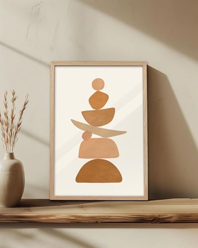 KensTro 16x20 Oak Framed Beige Boho Christian Abstract Wall Art | Natural Oak Wood Frame with Earth-Tone Balance Shapes, Minimalist Mid-Century Decor for Living Room, Bedroom or Kitchen