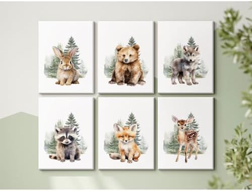 Woodland Animal Nursery Wall Art Decor Set of 6 Baby Boys Room Wall Art Forest Animal Canvas Wall Decor Kids Art Prints Watercolor Bear Deer Fox Pictures Artwork for Bedroom 8x10 Inch Framed
