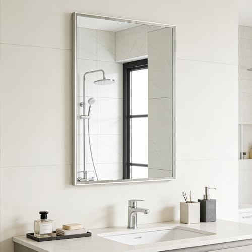 Bathroom Mirror for Wall, 30x20 Inch Framed Vanity Mirror Brushed Nickel | Rectanglar Metal Beveled Framed Mirror for Over Sink, Tempered Glass, Anti-Rust, Hangs Horizontally or Vertically
