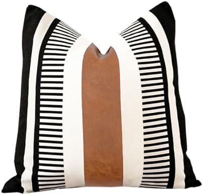Black White Boho Pillow Cover with Leather Modern Couch Cushion Cover 22x22 inch Farmhouse Stripe Pillowcase for Couch Bed, Black