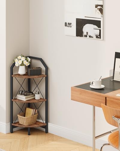 CHOEZON 3-Tier Corner Shelf, Industrial Corner Bookshelf, 35.4" Storage Stand, Plant Stand Display Shelf, Bookcase for Bedroom, Living Room, Home Office, Rustic Brown and Black TCJ03BF