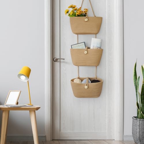 TeoKJ Over the Door Hanging Baskets with Wooden Button, 3-Tier Woven Cotton Storage Organizer Bag, Wall-Mounted with Hook Decorative Hanging Nursery Baskets, Jute