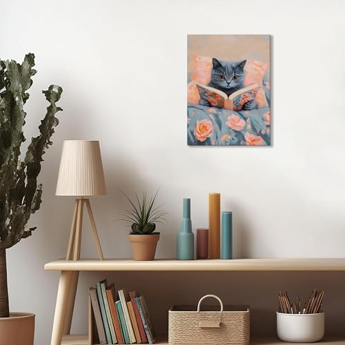 Framed Cat Reading Book Canvas Wall Art, Cute Gray Kitten Painting Print, Funny Animal Lovers Picture Wall Decor for Bedroom Living Room Kids Room Girls Room Home Decor 16x24 Inch